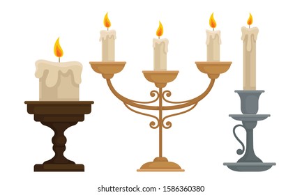 Candles in Candlesticks Vector Set. Vintage Candle Holders and Candelabrums