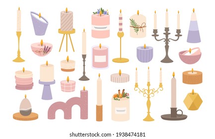 Candles in candlesticks. Vintage old candelabras and modern candlestick. Decorative burning candle in holder. Candlelight flame vector set