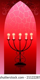  candles in chandelier in red background 	