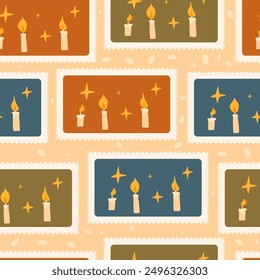 Candles checked seamless pattern. Bento box repeat background. Mystic retro stamps endless surface design. Vector hand drawn flat illustration.