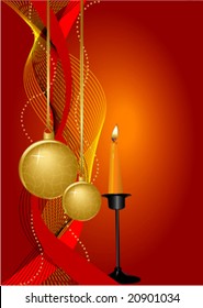 candles and christmas ball on red background; vector