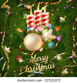 Candles and Christmas ornaments on snow background. EPS 10 vector file included