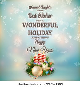 Candles and Christmas ornaments on snow background. EPS 10 vector file included
