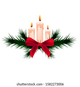Candles and Christmas tree branches decorated with red bow. Vector art