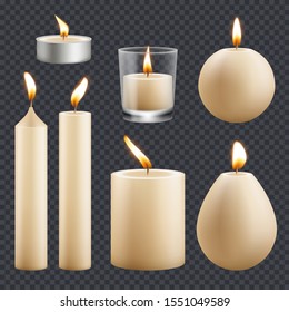 Candles collection. Decorative birthday celebration wax candles flame different types vector realistic pictures