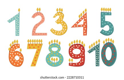 Candles, colorful numeral candles, isolated on white background. Vector illustration. 