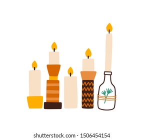 Candles in creative holders flat vector illustration. Home interior decor isolated design element set. Handmade burning Christmas candlestick in bottle on white background. Aromatherapy and relaxation