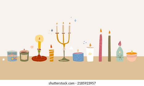 Candles cute vector illustration, set of isolated objects