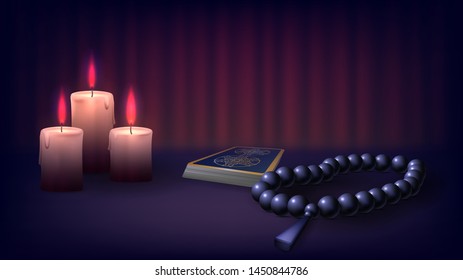 Candles, a deck of cards and a rosary on the table. Esoteric, magic