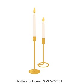Candles. Decor to create cozy atmosphere. Elegant paraffin or wax candles on a stand. Flat illustration on a white background.
