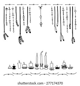 Candles, decoration with beads and feathers. 33 elements. Hand drawn illustration.
