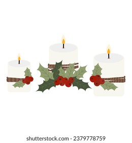 Candles and decoration from winter berries for the Christmas holiday. Holly red berries and leaves, Christmas candles, winter decor. Flat vector illustration isolated on white background	