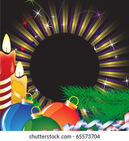 Candles and decorations on the background of Christmas tinsel and fir branches