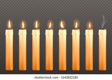 Candles with different fire flames and dripping wax isolated on transparent background. Vector realistic set of burning candles with flickering light and one with extinguished wick