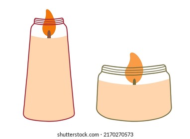 Candles in different shapes and sizes. Decorative wax candles for relax and spa. Hand drawn Vector set