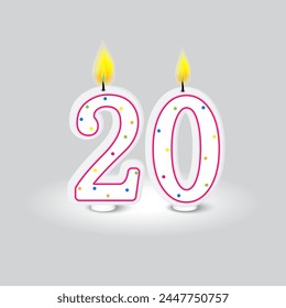 Candles display number twenty. Milestone celebration symbol. Confetti adorned elegance. Vector illustration. EPS 10.