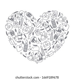Candles doodle line icons heart shape decorative vector design