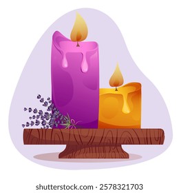 Candles is drawn in a minimalist style on a wooden board with a bouquet of lavender.For greeting cards,web and app icons,logo, businesses or brands, social media posts,packaging designs.