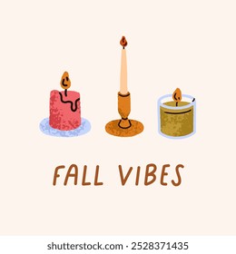 Kerzen, Herbststimmung, Kartendesign. Gemütliches Kerzenlicht, warme saisonale Dekoration. Hygge Zeit, Herbst Komfort Stimmung mit heimeligem Licht, Wärme Dekor, quadratische Postkarte Hintergrund. Flache Vektorgrafik