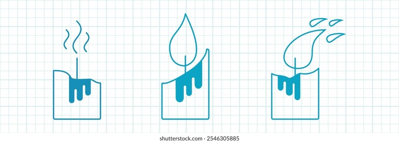 velas com fogo, velas azuis queimando para iluminar salas escuras, uma vela apagada e cera pingando, ilustração vetorial