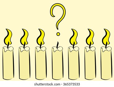 Candles with fire and one gone out with a question mark