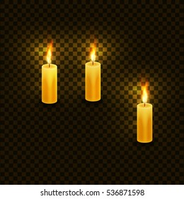 Candles with flame for birthday and christmas holiday. Vector set isolated on checkered transparent backdrop illustration