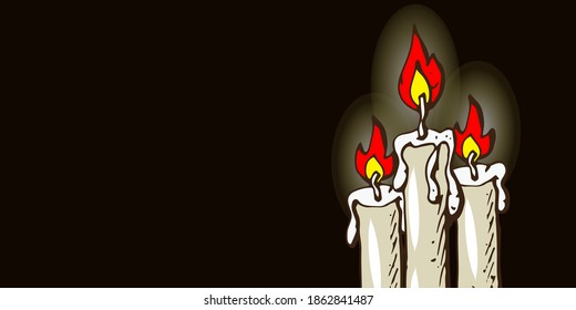 Candles flame close up on a dark, darkness,  black background burning candles from paraffin wax for your design, vector illustration