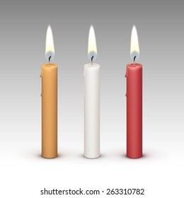 Candles Flame Fire Light Isolated on Background. Realistic Vector Illustration Multicolored White Red Yellow Set