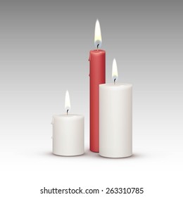 Candles Flame Fire Light Isolated on Background. Realistic Vector Illustration Multicolored White Red Set