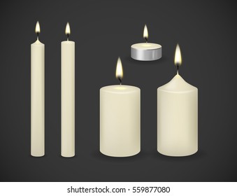 Candles flame realistic set isolated on dark background vector 3d illustration