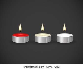Candles flame realistic set isolated on dark background vector 3d illustration