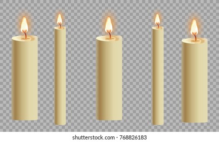 Candles flame realistic set isolated on dark background vector 3d illustration