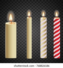 Candles flame realistic set isolated on dark background vector 3d illustration