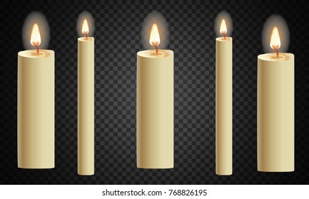 Candles flame realistic set isolated on dark background vector 3d illustration