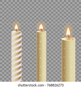Candles flame realistic set isolated on dark background vector 3d illustration