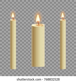 Candles flame realistic set isolated on dark background vector 3d illustration