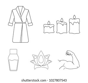 Candles with a flame, a  robe with a belt, a lotus flower with petals, a bottle of cream. Spa set collection icons in outline style vector symbol stock illustration web.