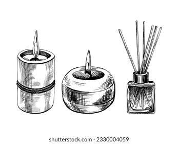 Candles with a flame tied with a rope and a glass square aroma diffuser with sticks. Hand-drawn graphic illustration. EPS vector. Set of isolated objects on a white background.