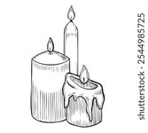Candles with flame vector illustration. Outline drawing of object for party celebration painted by black inks on isolated background. Etching of cozy home decor for meditation. Engraving candlelight.