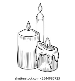 Candles with flame vector illustration. Outline drawing of object for party celebration painted by black inks on isolated background. Etching of cozy home decor for meditation. Engraving candlelight.