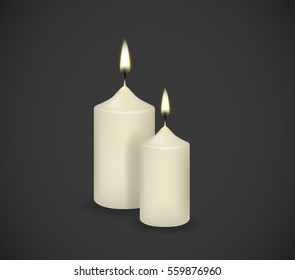 Candles flames fire light isolated. Realistic paraffin candle. 
