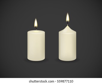 Candles Flames Fire Light Isolated. Realistic Paraffin Candle. 