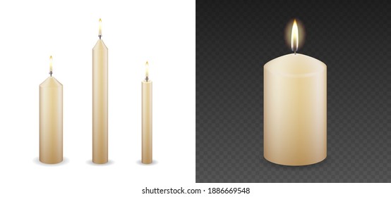 Candles flames set 3D realistic isolated burning on vector transparent or white background. Decorative paraffin wax candle light and candlestick. Vector illustration