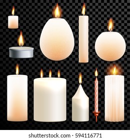 Candles flames set 3D realistic isolated burning on vector transparent background. Decorative scented paraffin wax candle light and candlestick ot tea light