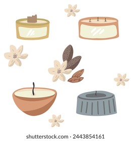 Candles flat design set with almond flowers