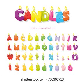 Candles font. Festive cartoon letters and numbers for birthday or other design. svg