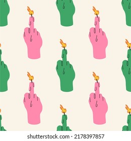 Candles in the form of a hand shows the middle finger, seamless pattern. Flat design, cartoon hand drawn, vector illustration.