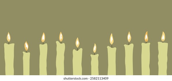 Candles frame with copy space. Church candles background. Religion and Christianity. Candles row on a grey background. A set of candle illustration. Remembrance or religious background. Meditation.