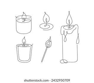 Candles glass, classic, jar, spiral, match set drawing in linear style on white background