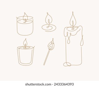 Candles glass, classic, jar, spiral, match set drawing in linear style on beige background